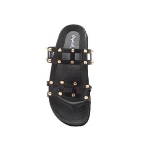 Studded Black Leather Slides